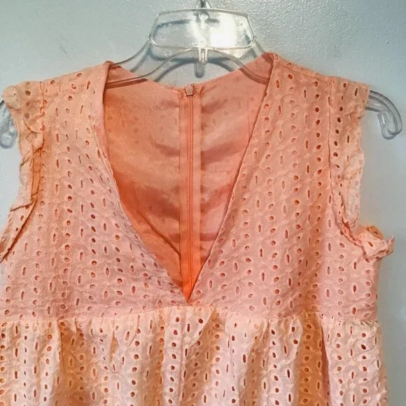 Eyelet Lace Peach Romper Dress with Cap Sleeves - Picture 3 of 10